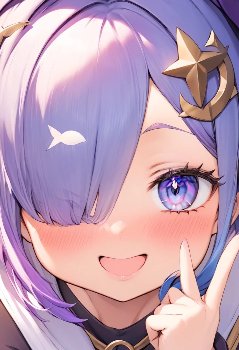 close-up, 1girl, light white skin, one-side hair bangs, blue-violet hair colour, blushing, peace sign, black and purple skimpy mage costume, winking