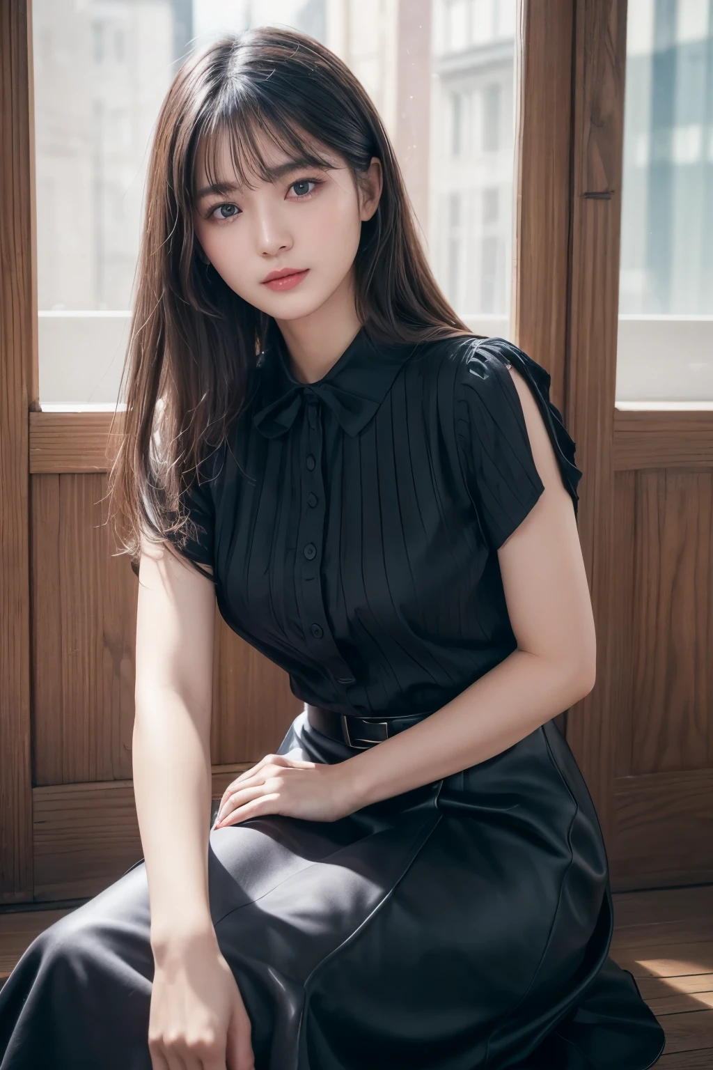 ((Best image quality、8K、masterpiece:1.3))、Realistic high-quality photos、Highest quality、Beautiful and graceful face and eyes、Black Hair、Shiny Hair、 OL、Wearing a short-sleeved blouse、Wear a long skirt、Full Body Shot.