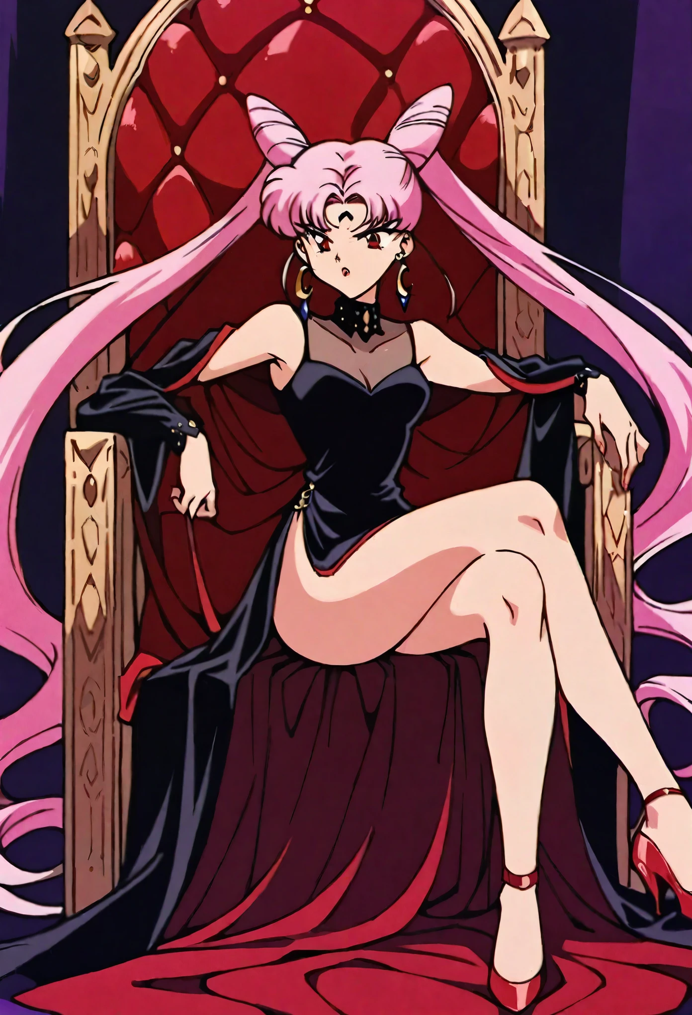 masterpiece,best quality,very aesthetic,ultra detailed,intricate details,1990s \(style\),Black Lady1,1girl,solo,pink hair,cone hair bun,long hair,hair bun,double bun,red eyes,twintails,very long hair,side slit,dress,facial mark,crescent,jewelry,earrings,crystal earrings,forehead mark,angry,magic,high heels,bare legs,red footwear,throne,sitting,crossed legs,evil,