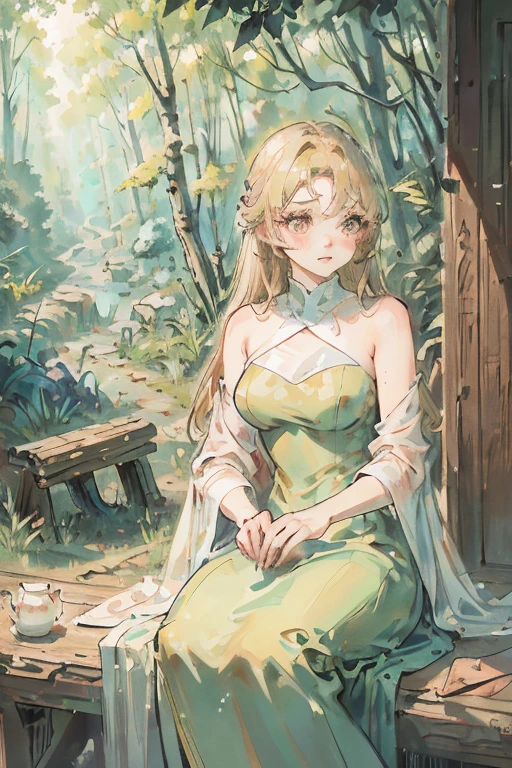 Highest quality、masterpiece、Two people、Blonde、Gazing at each other、Beauty　Fair skin、Camisole dress、Blushing、Different world、in the forest