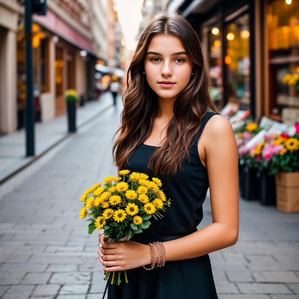 19 year old woman, beautiful, with bracelet on her right wrist, selling flowers on the street, cinematographic street background, realistic, high quality, busy, staring at the camera, 8k