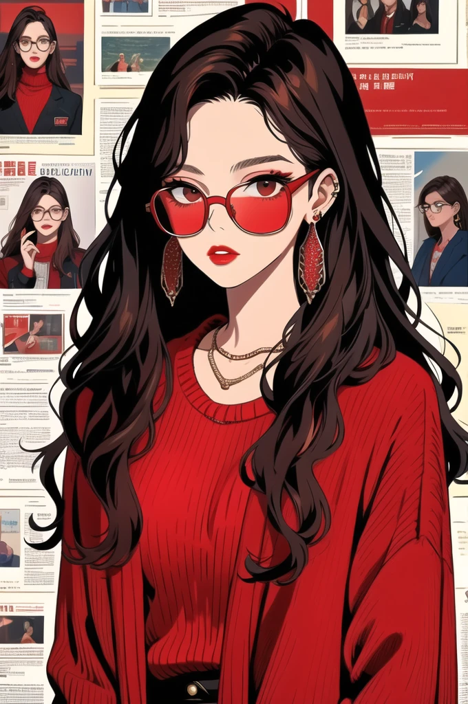 newspaper wall, glasses, parted lips, looking over eyewear,  black jacket, jewelry, long hair, jacket, red shirt, solo, upper body, brown hair, 1girl, necklace, earrings, red sweater, looking at viewer, red-tinted eyewear, sweater, red jacket, red lips