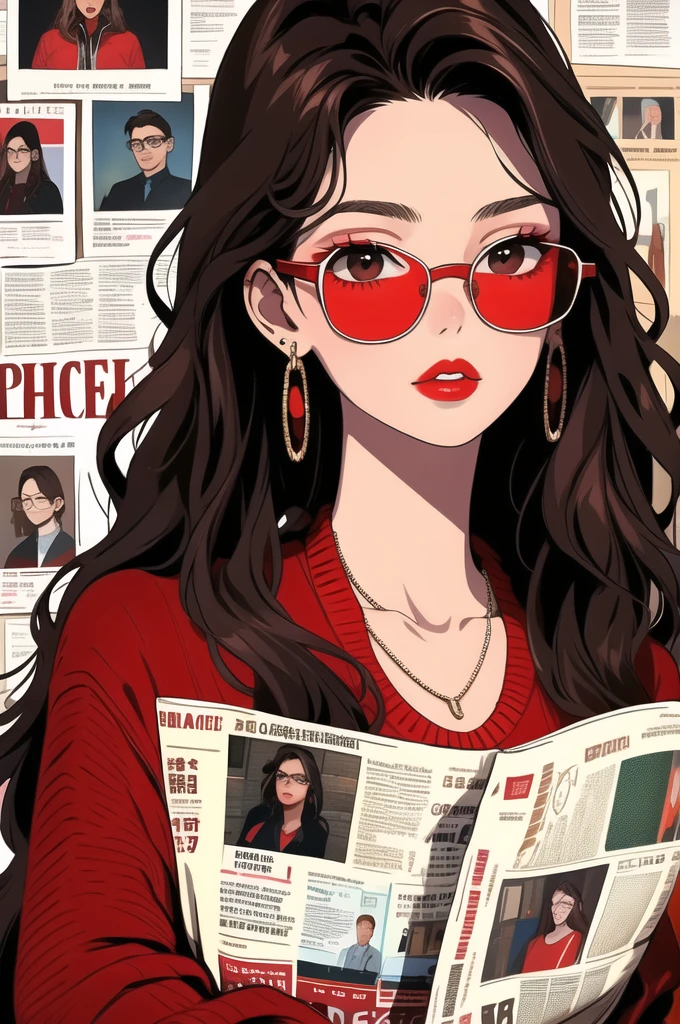 newspaper wall, glasses, parted lips, looking over eyewear,  black jacket, jewelry, long hair, jacket, red shirt, solo, upper body, brown hair, 1girl, necklace, earrings, red sweater, looking at viewer, red-tinted eyewear, sweater, red jacket, red lips