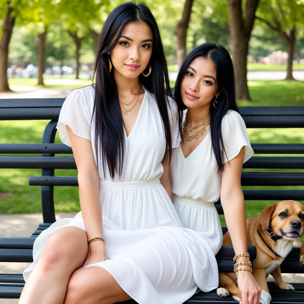 A woman, Natural light, professional, (sitting on a park bench with a dog on top of her leg that matches her beauty), (4k photo: 1.1) (sharp focus: 1.3), High detail, detailed beautiful face, green eyes, with big breasts and big ass, Long black hair, (attractive young woman:1.3), (seductive:1.1), (blush:1.1), Athletic body shape,  A girl, with earrings, bracelets and necklace, wearing a white dress