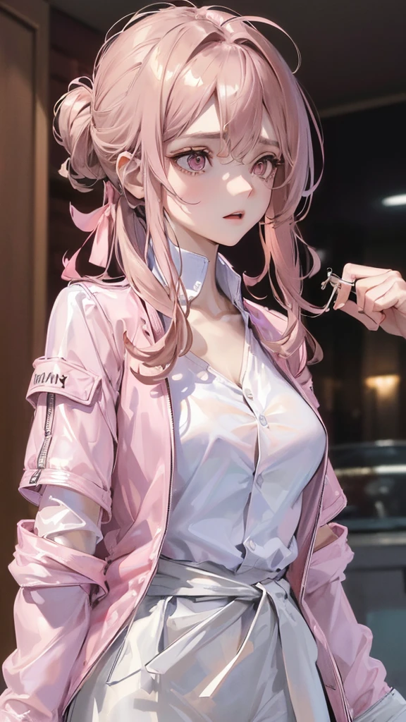 Photograph of the upper body of a beautiful woman, , [see through] ,(pink jacket:1.47),(white shirt:1.47) (big breasts), (small waist, perfect body), Sharp focus, (tall body, mature woman), ((Looking ahead)), (Highly detailed skin, hair follicles:1.4,white skin) (long brown hair,pink eyes) , (Bright face)