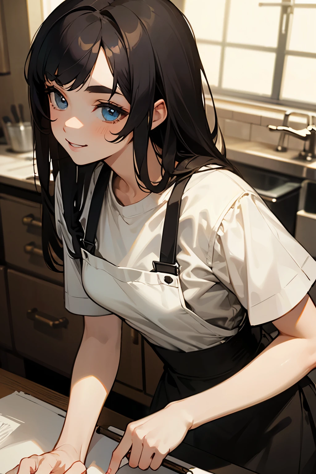 (masterpiece, best quality:1.5), brightening light, beautiful eyes, ultra-detailed face,  ((perfect anatomy)), (professional look), 
BREAK 1 girl, long hair, black hair, straight hair, short bangs above brows, seductive smile,  
BREAK waist apron, 
BREAK indoors, kitchen