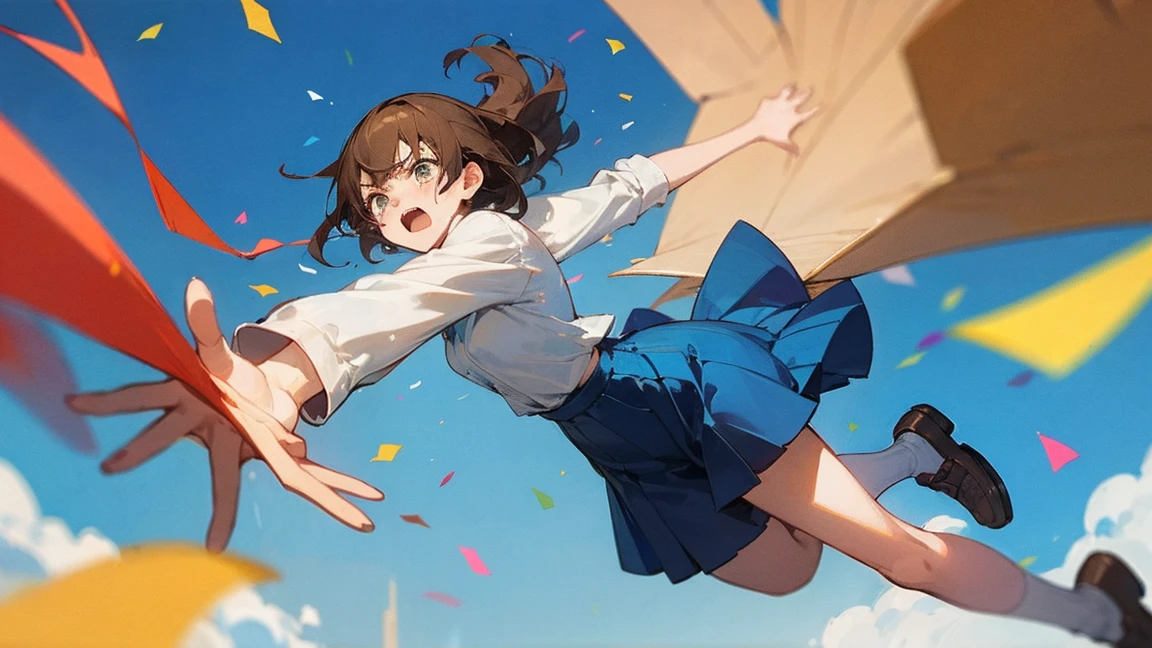 ((Highest quality)), ((masterpiece)), ((Very detailed)),Floatingする女の子,Angry expression，floating，Floating，Confetti，Brown Hair,tears,Levitating,Blue sky background,Feet in the air,tears,gravity,Long skirt,loafers,Raise both hands