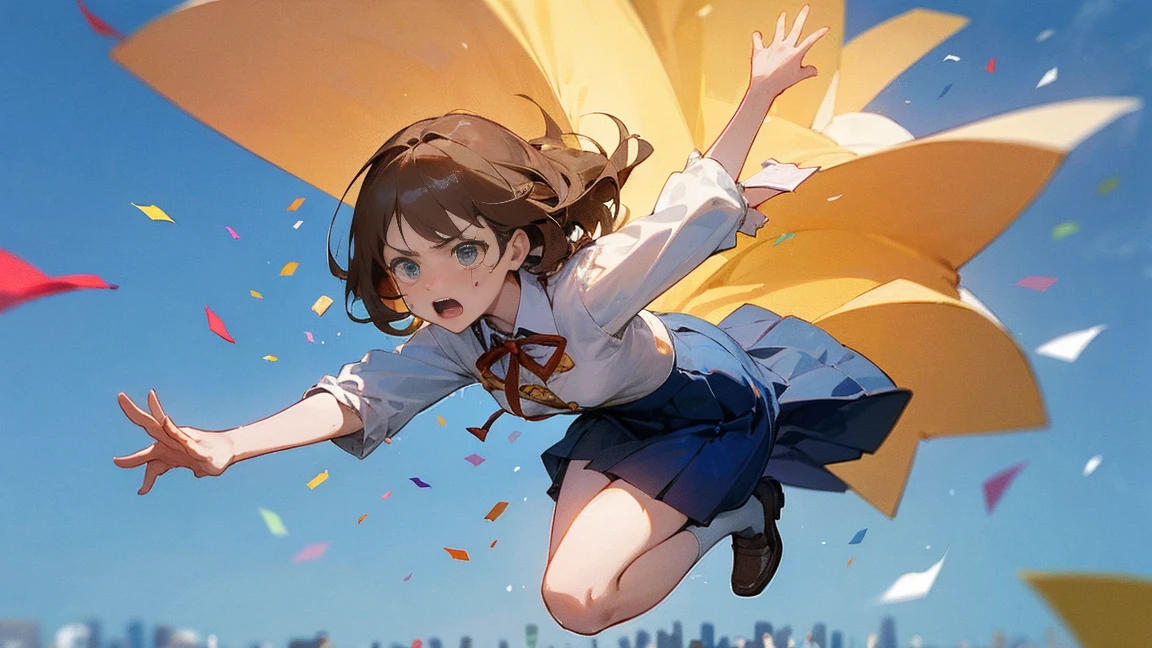 ((Highest quality)), ((masterpiece)), ((Very detailed)),Floatingする女の子,Angry expression,floating,Floating,Confetti,Brown Hair,tears,Levitating,Blue sky background,Feet in the air,tears,gravity,Long skirt,loafers,Raise both hands