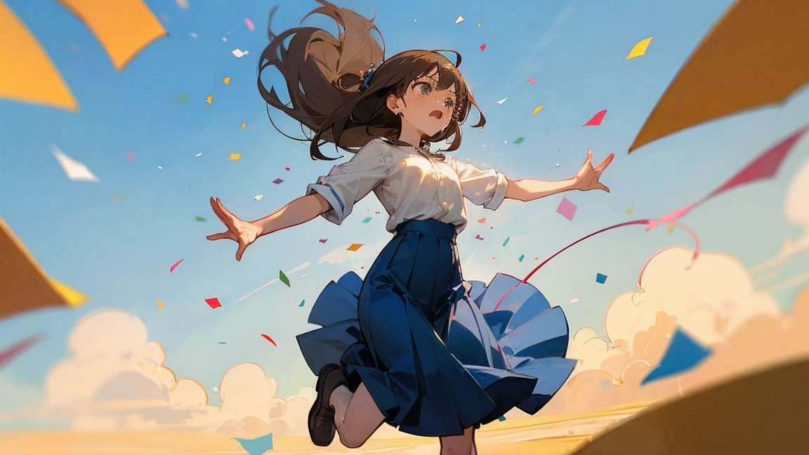 ((Highest quality)), ((masterpiece)), ((Very detailed)),Floatingする女の子,Angry expression，floating，Floating，Confetti，Brown Hair,tears,Levitating,Blue sky background,Feet in the air,tears,gravity,Long skirt,loafers,Raise both hands