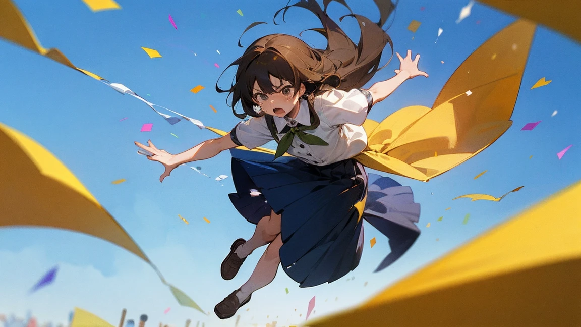 ((Highest quality)), ((masterpiece)), ((Very detailed)),Floatingする女の子,Angry expression，floating，Floating，Confetti，Brown Hair,tears,Levitating,Blue sky background,Feet in the air,tears,gravity,Long skirt,loafers,Raise both hands