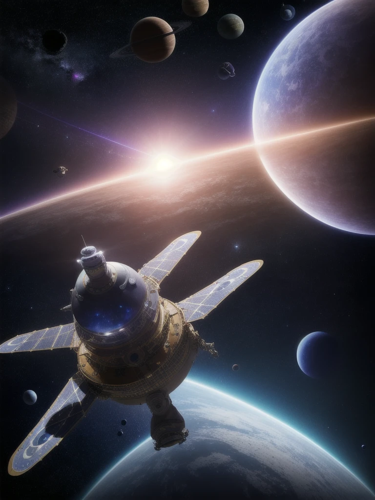 ((Interplanetary spaceship)), masterpiece, best quality, high quality, extremely detailed CG unity 8k wallpaper, Depth of Field, HDR,,Photorealistic,extremely detailed, Intricate, High Detail, universe, space, galaxy, stars, planets, astronomy, cosmos, celestial, nebula, black hole, solar system, cosmic rays, supernova, deep space, astronomical objects