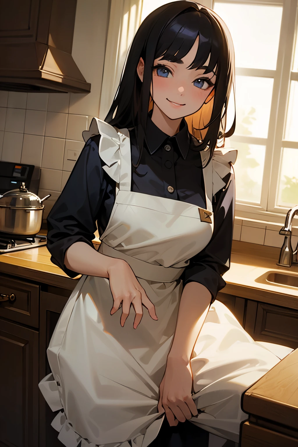 (masterpiece, best quality:1.5), brightening light, beautiful eyes, ultra-detailed face, ((perfect anatomy)), (professional look),
BREAK 1 girl, long hair, black hair, straight hair, short bangs above brows, seductive smile,
BREAK frilled apron,
BREAK indoors, kitchen