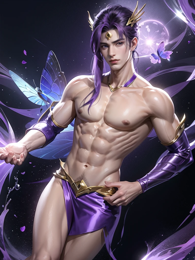 boy,1 person,Handsome and beautiful face,purple eyes,purple hair,shiny surface,thin muscular body,Wearing a purple ancient outfit,Butterfly hair ornament,hand holding purple lotusประกายไฟ
ฉากหลัง,There are trees and butterflies all around.,hand holding purple lotus