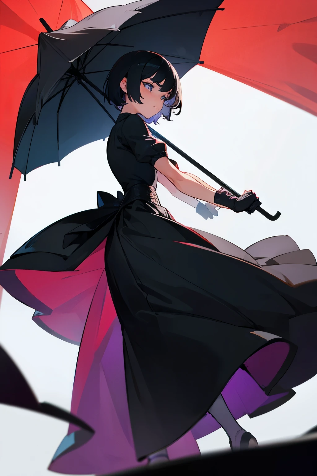 A woman with short black hair, a princess dress, holding a small black umbrella, a long skirt, and muscles.