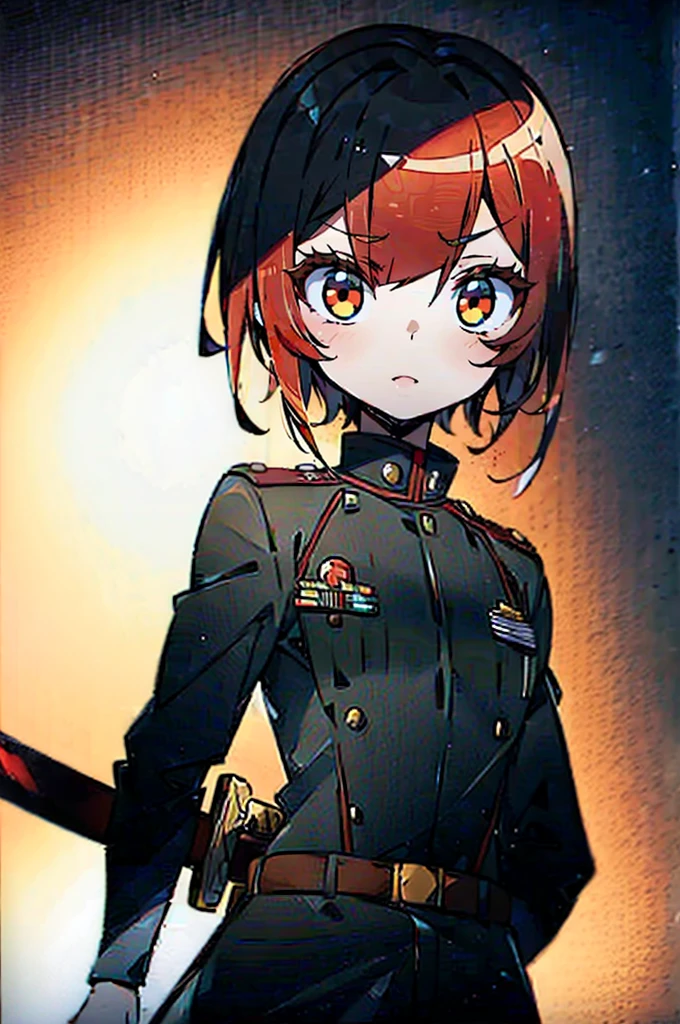 (beautiful girl:1.5) Red short-haired Wearing a black military uniform (Holds one sword:1.3) Character portrait