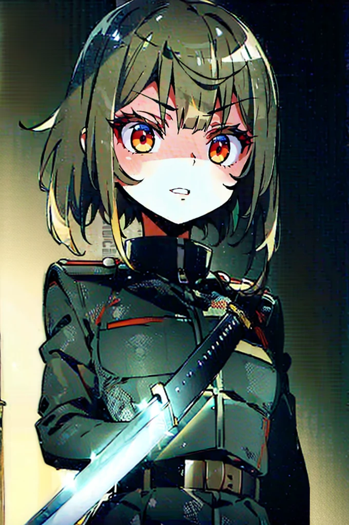 (beautiful girl:1.5)　Red short-haired　Wearing a black military uniform　(Holds one sword:1.3)　Character portrait
