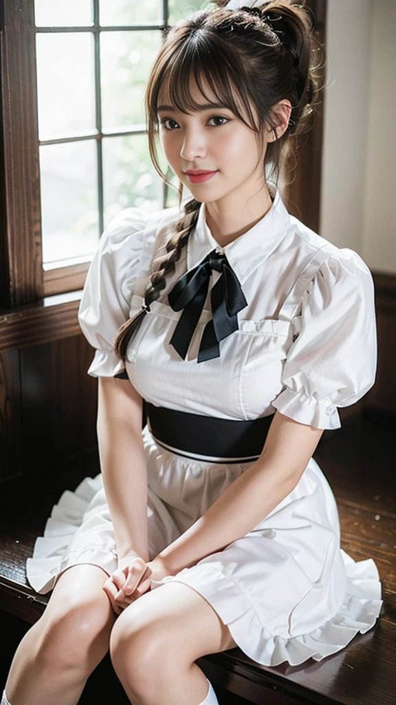 Highest quality、超A high resolution、(Photorealistic:1.5)、1 girl、(Brown Hair:1.2)、(Big Breasts:1.2)、Whole Body Ezbian、Coffee shop、Cafe、Smile、Bad Eyes、(Fascinating), ((exciting: 1.5)),Frillsメイドヘッドバンド, ponytail, Braided hair, Frillsブラウス, Ribbon tie, apron, Long skirt, Puff sleeves, White silk ankle socks,Frills,