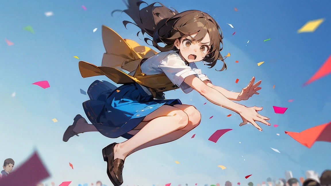 ((Highest quality)), ((masterpiece)), ((Very detailed)),Floatingする女の子,Angry expression,floating,Floating,Confetti,Brown Hair,tears,Levitating,Blue sky background,Feet in the air,tears,gravity,Long skirt,loafers,Raise both hands