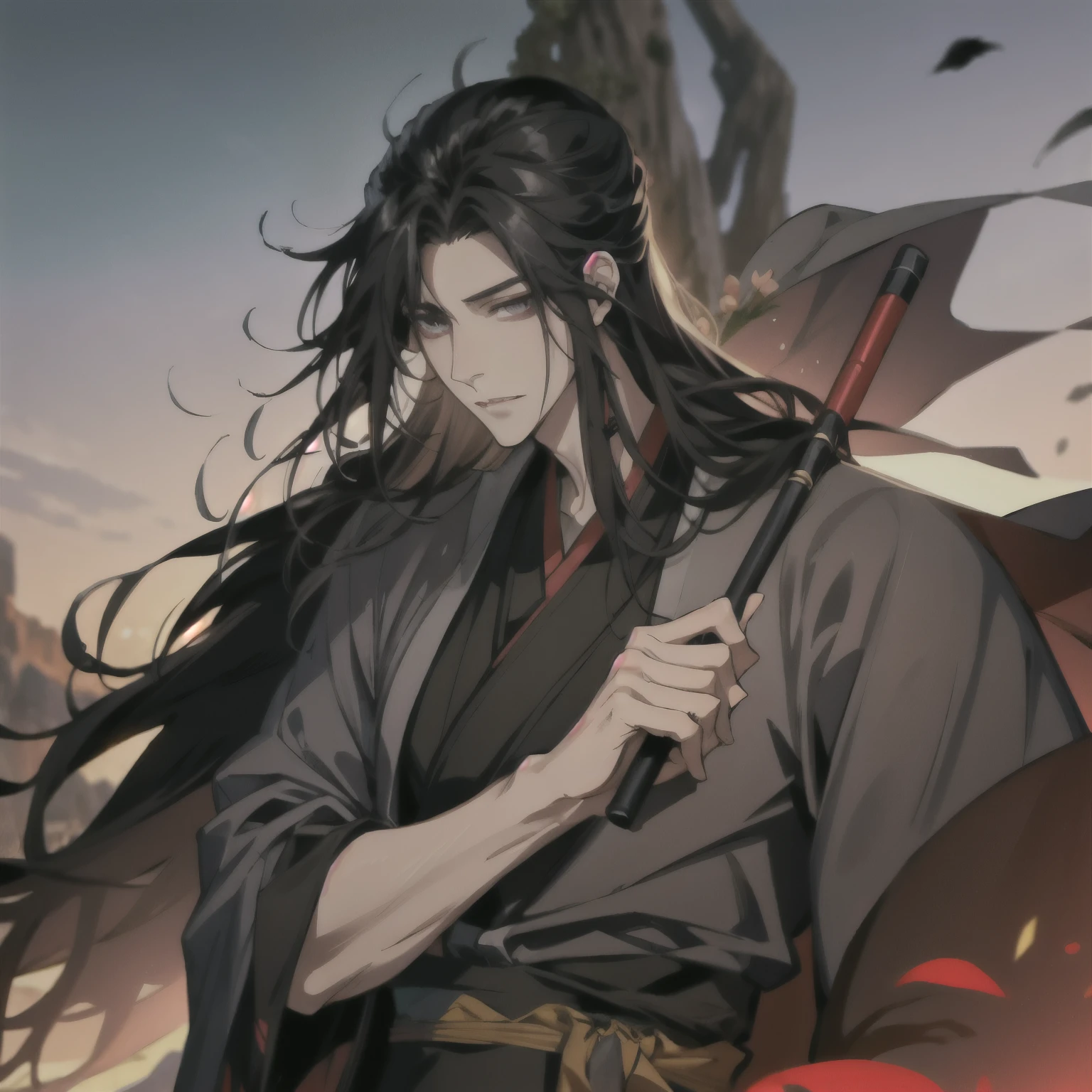 (masterpiece, best quality:1.2), 1male, solo, wei wuxian, mo dao zu shi, mdzs, black clothes, grey eyes, long black hair, perfect anatomy, Acacia flowers