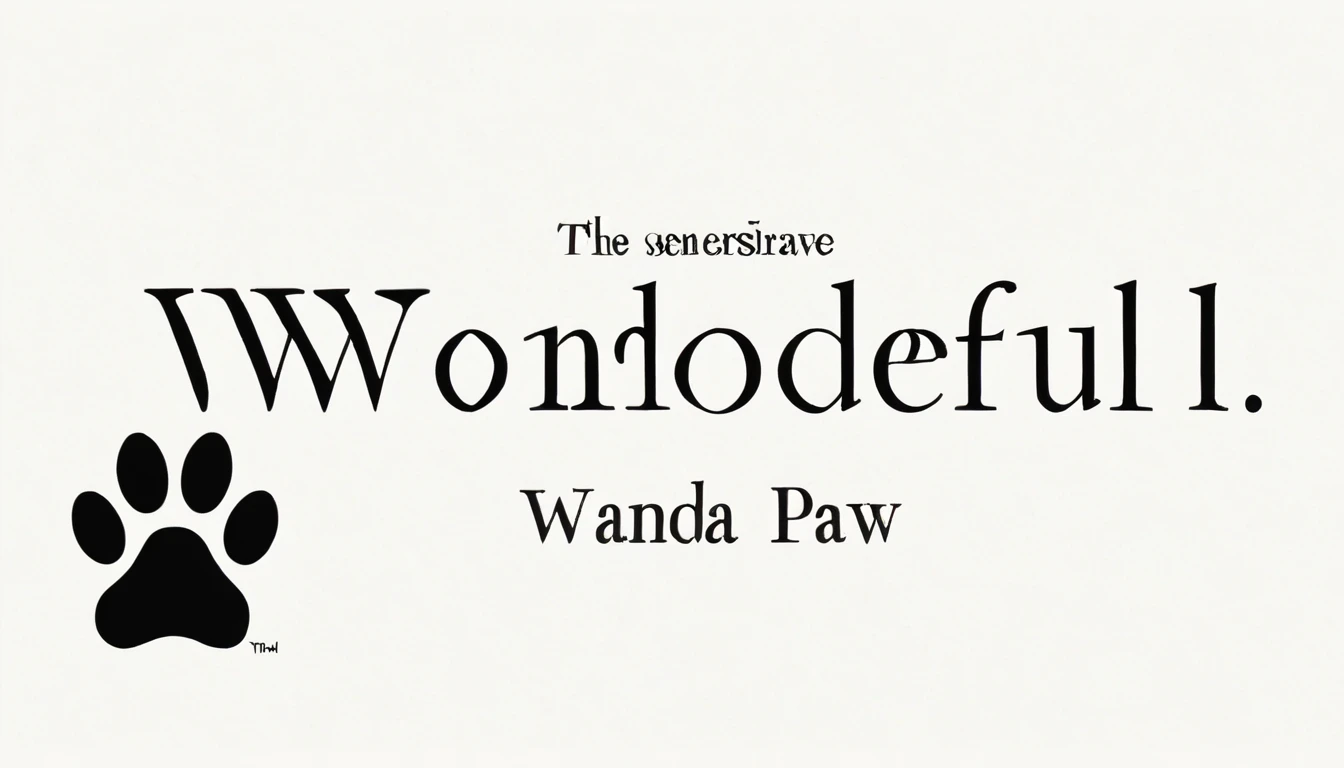 "A clean, white background with the words 'Wonderful Wanda' in large, black, sans-serif font centered in the image. The text should be crisp and clear. Below the text, add a simple line drawing of a dog paw print in black."