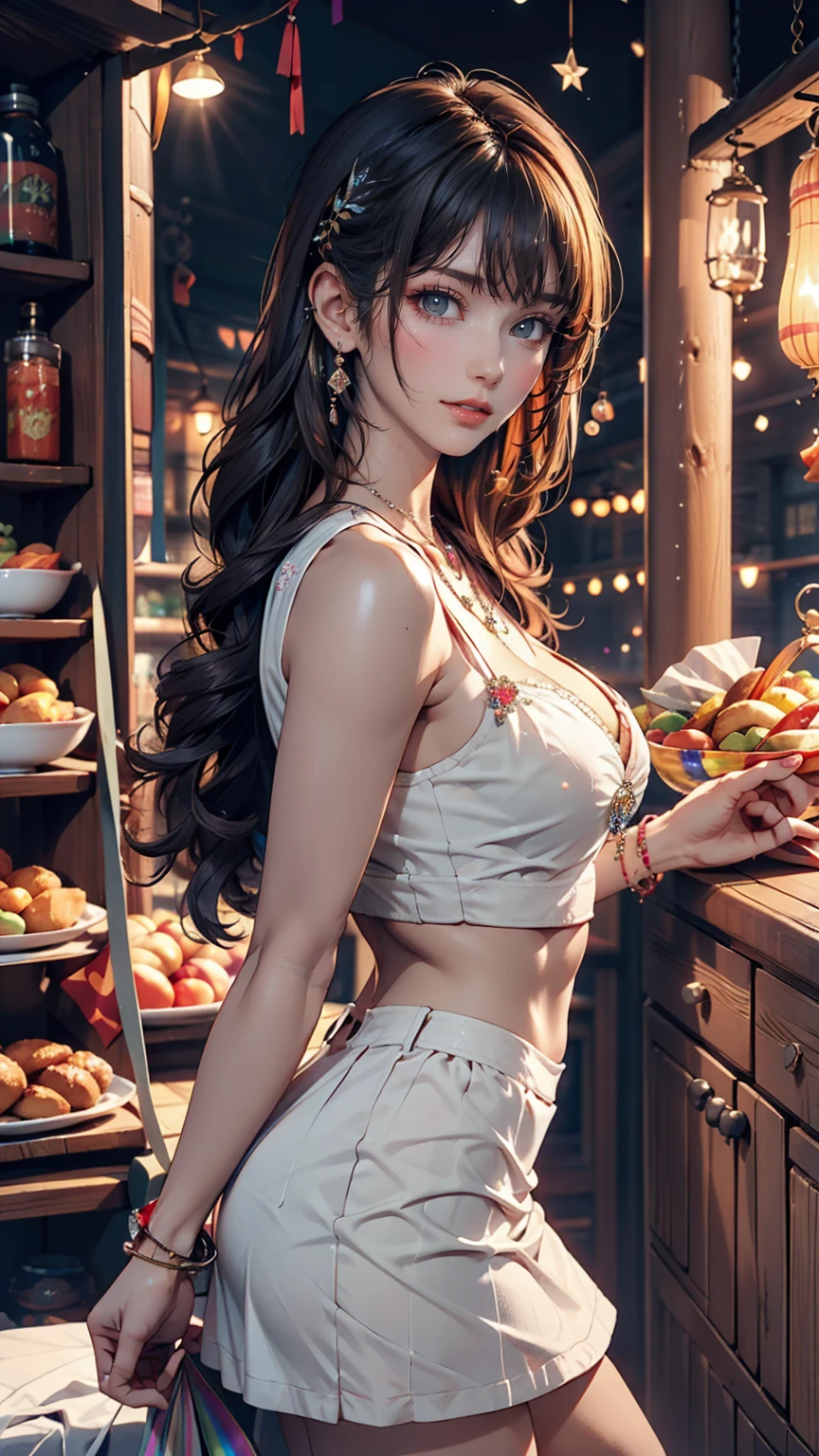 24-year-old female、Sexy proportions、Sexy、Narrow waist、Wear jewellery on your wrist、Attach a necklace、Wear platform sandals、Side Tail((side drill))、Crystal Earrings((crystal earrings))、A seductive smile((seductive smile))、Headpiece((hair ornament))、Rainbow Hair((rainbow hair))、erotic、Cleavage Emphasis、Wear a sexy blouse、Wear a sexy mini skirt、At a food stall in Taiwan at night