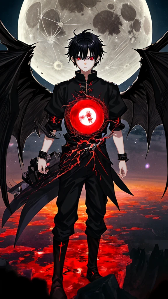 ultra quality, 4K, anime illustration, 15 year old boy, black hair, scarlet eyes full of hate, dark aura, Very Detail, full moon night, empty city, gazing at viewer, floating eyes with wings of blood, body masculine, 