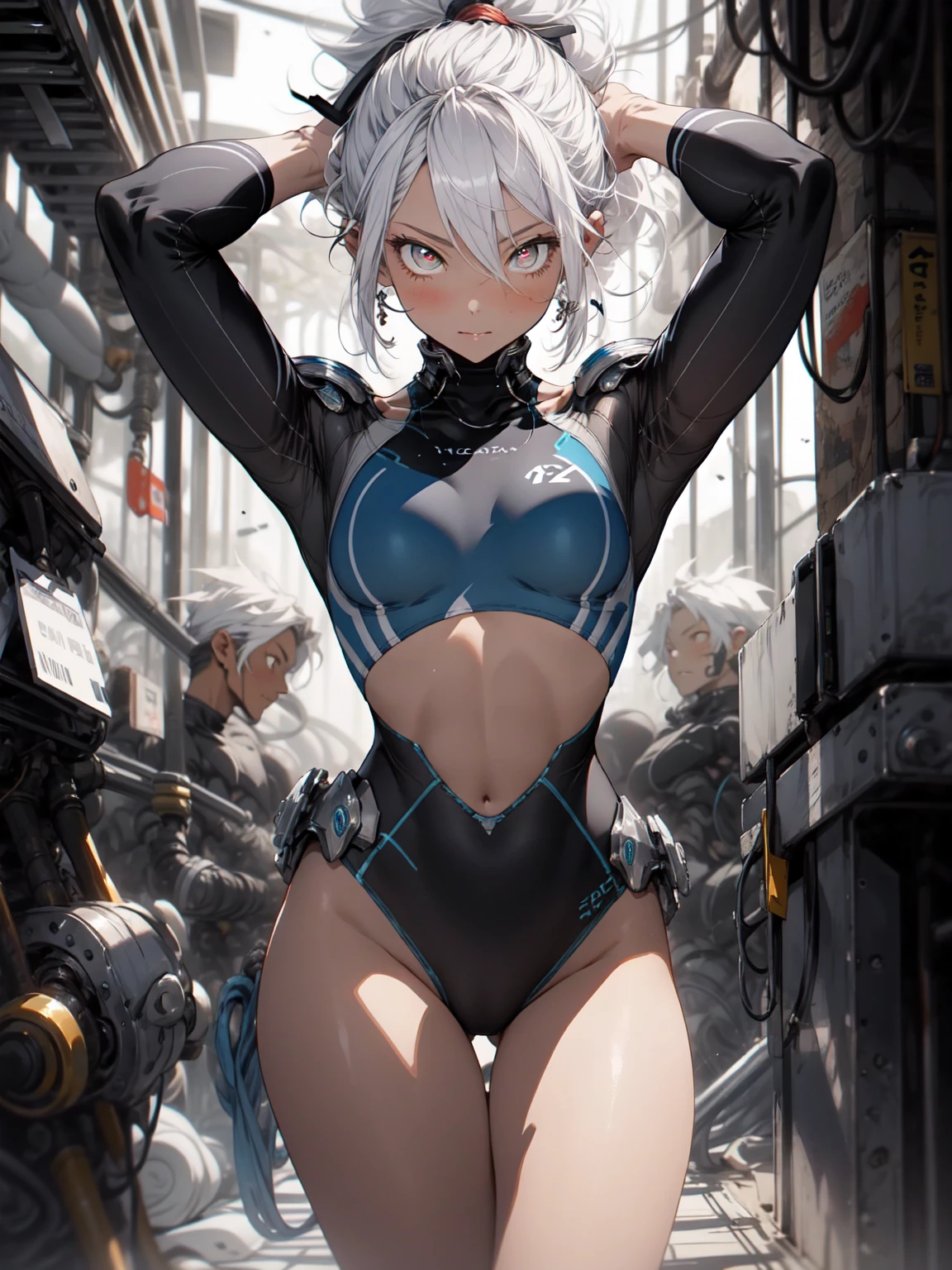Be realistic,(masterpiece,Highest quality,Highest quality,Very detailed,Fractal Art,Most detailed,(Abstract background:1.5)(1 Girl),Kamimei,(ponytail),(Sparkling red eyes and beautiful white hair、Big Breasts、Toned Abs、Stunned),(Exposed external rib cage, 露出したUnderarm)、 (Place your arms behind your head, Underarm)、crystallization,Black competitive swimsuit、High Leg,Sexy,Mechanical Armor、mini skirt