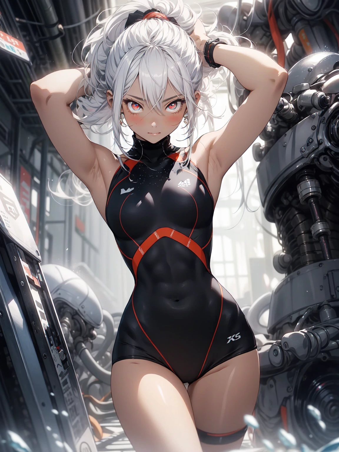 Be realistic,(masterpiece,Highest quality,Highest quality,Very detailed,Fractal Art,Most detailed,(Abstract background:1.5)(1 Girl),Kamimei,(ponytail),(Sparkling red eyes and beautiful white hair、Big Breasts、Toned Abs、Stunned),(Exposed external rib cage, 露出したUnderarm)、 (Place your arms behind your head, Underarm)、crystallization,Black competitive swimsuit、High Leg,Sexy,Mechanical Armor、mini skirt