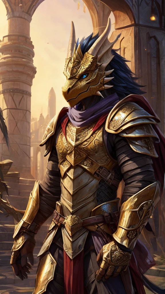 golden dragonborn, armor, intricate details