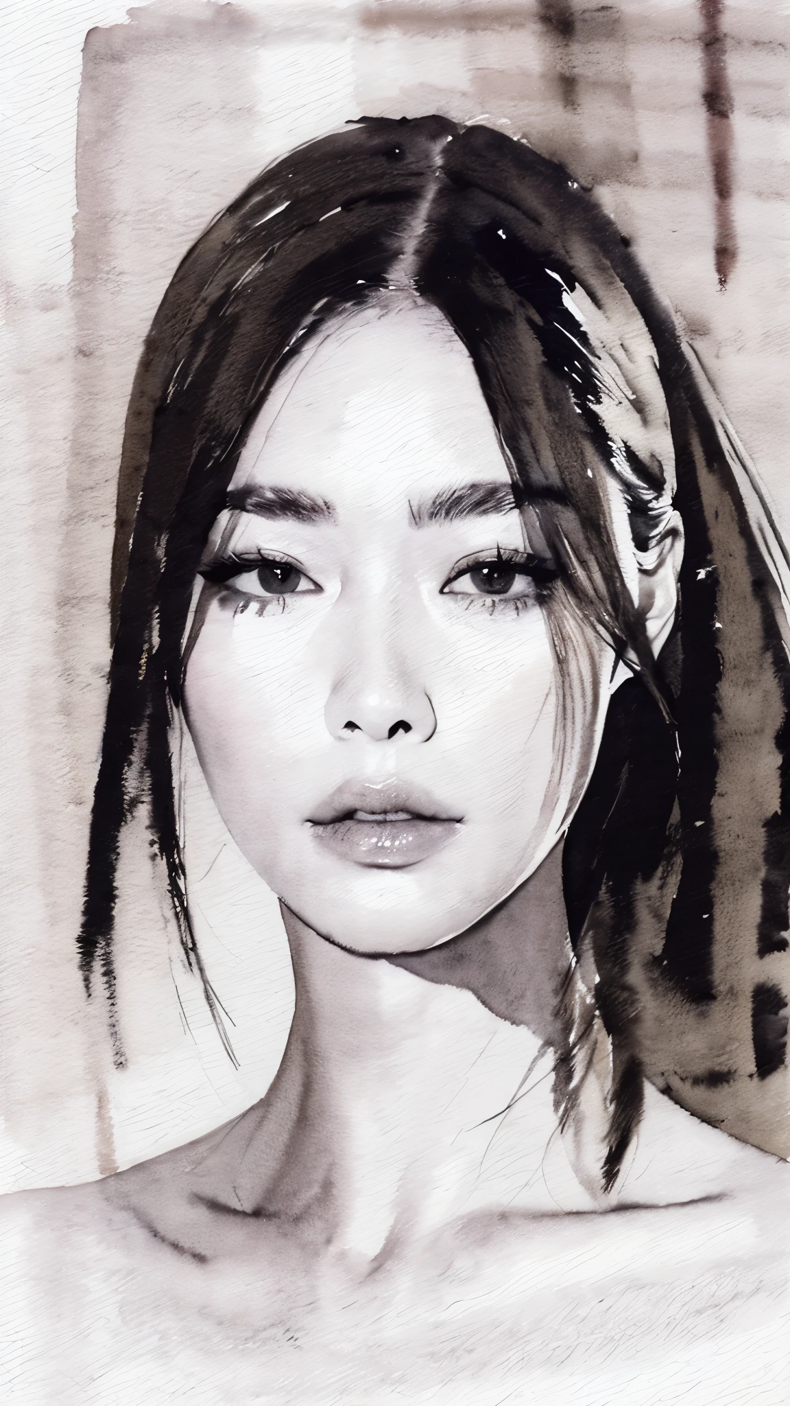 (masterpiece:1.2),(Highest quality),(Very detailed:,(High resolution),((Watercolor)),((Monochrome)),8K,Woman Drawing,Beautiful Japanese Woman,((Black Hair)),Short Bob,Close-up of face