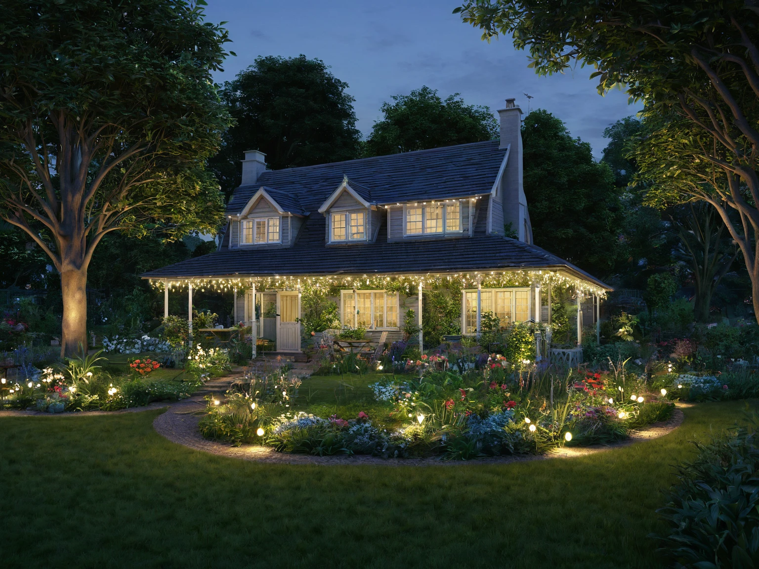 house, evening, lights, surrounding trees, realistic, people, garden, detailed, sharp, realistic