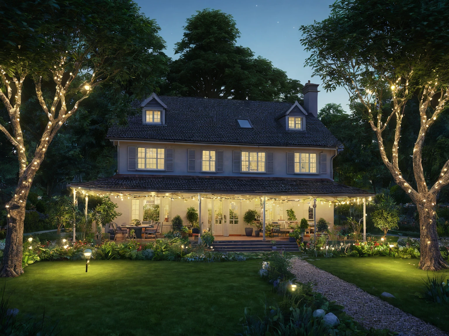 house, evening, lights, surrounding trees, realistic, people, garden, detailed, sharp, realistic