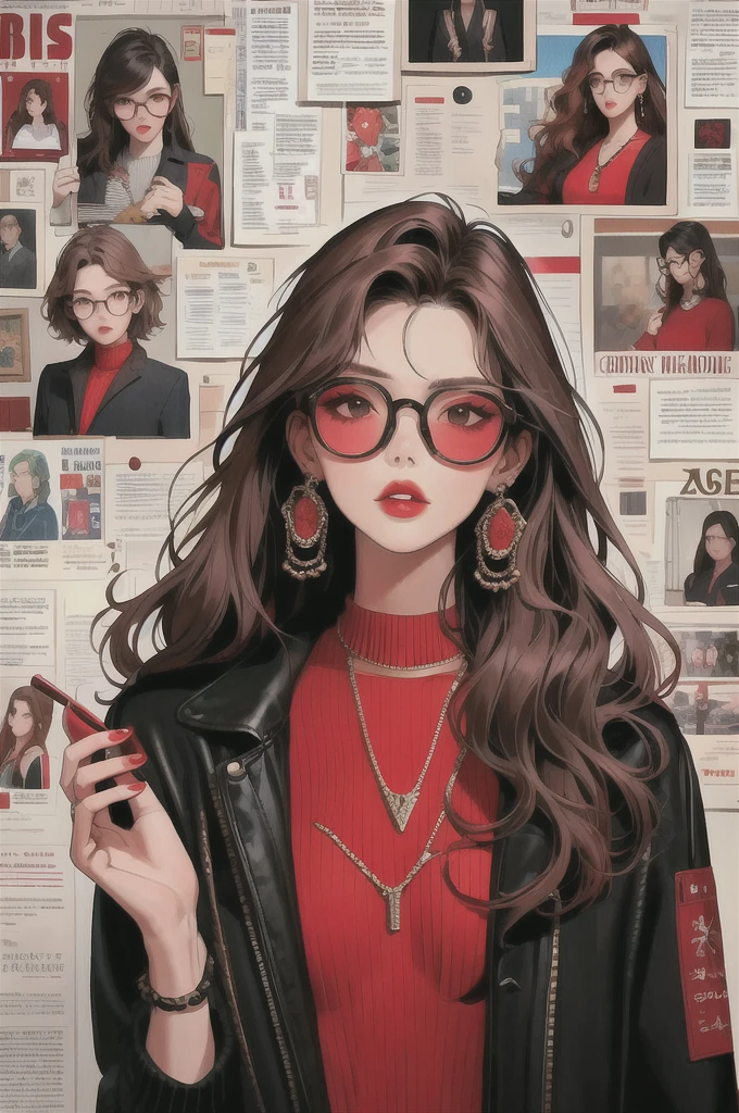 newspaper wall, glasses, parted lips, looking over eyewear,  black jacket, jewelry, long hair, jacket, red shirt, solo, upper body, brown hair, 1girl, necklace, earrings, red sweater, looking at viewer, red-tinted eyewear, sweater, red jacket, red lips