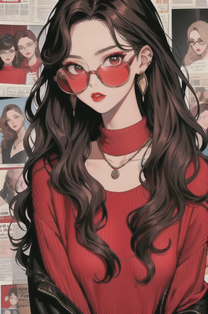 newspaper wall, glasses, parted lips, looking over eyewear,  black jacket, jewelry, long hair, jacket, red shirt, solo, upper body, brown hair, 1girl, necklace, earrings, red sweater, looking at viewer, red-tinted eyewear, sweater, red jacket, red lips