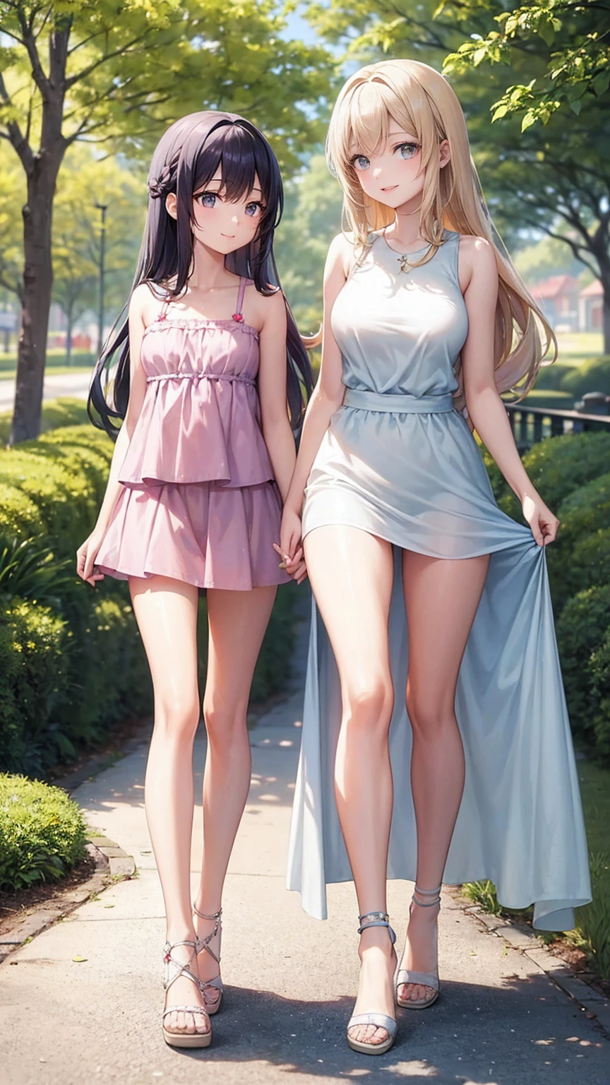 A very beautiful 21-year-old mother and her very cute 10-year-old daughter are having a fun walk in the park、Tank top、mini skirt、Long Hair、Slim body、Thin legs、Beautiful body、high resolution、8K、(smile)