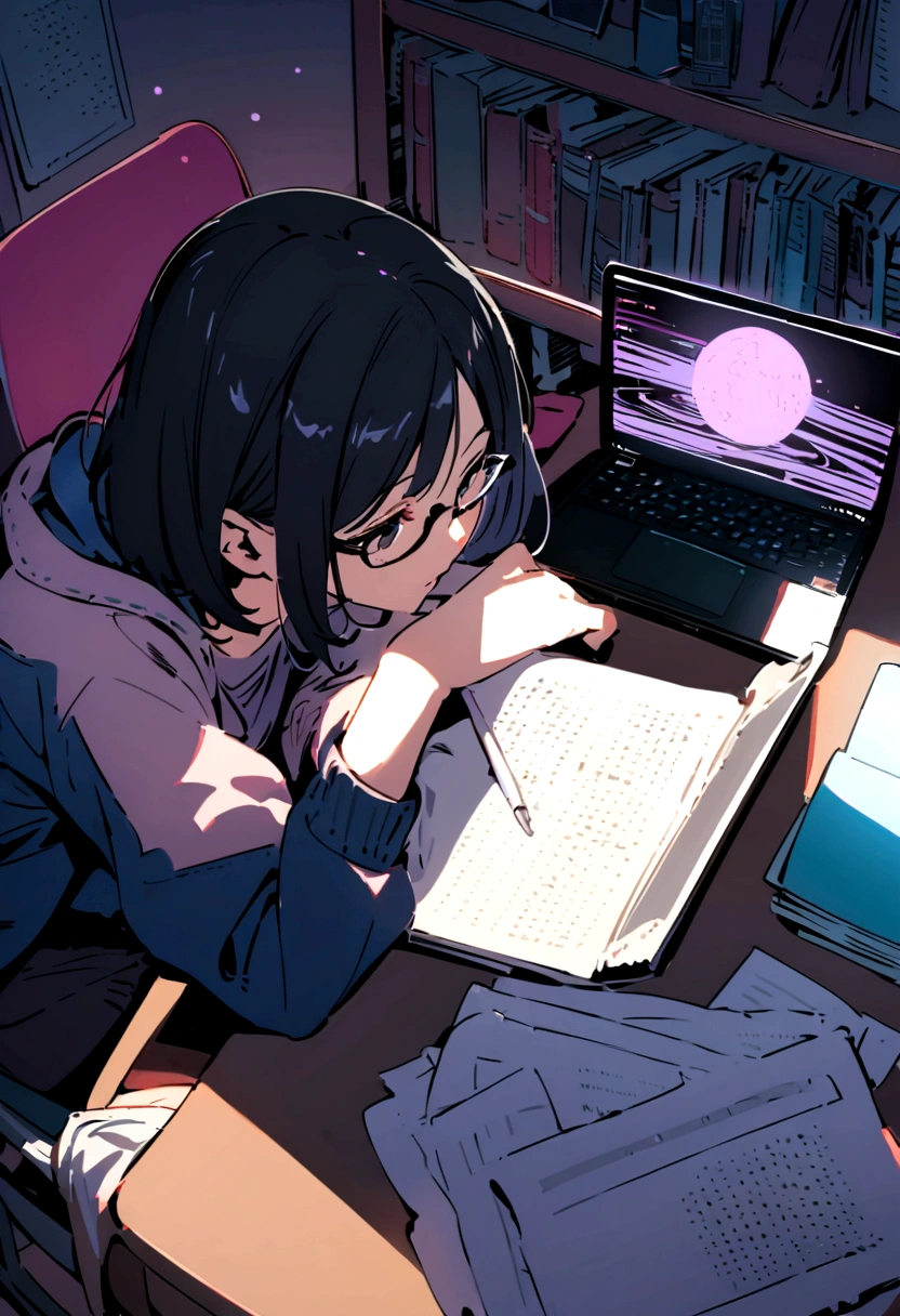 A girl with black short hair(no bangs), wearing glasses, studying in her desk filled with papers and notebooks with a laptop in front of her,as she studies tirelessly at night,has dark shadows under her eyes.