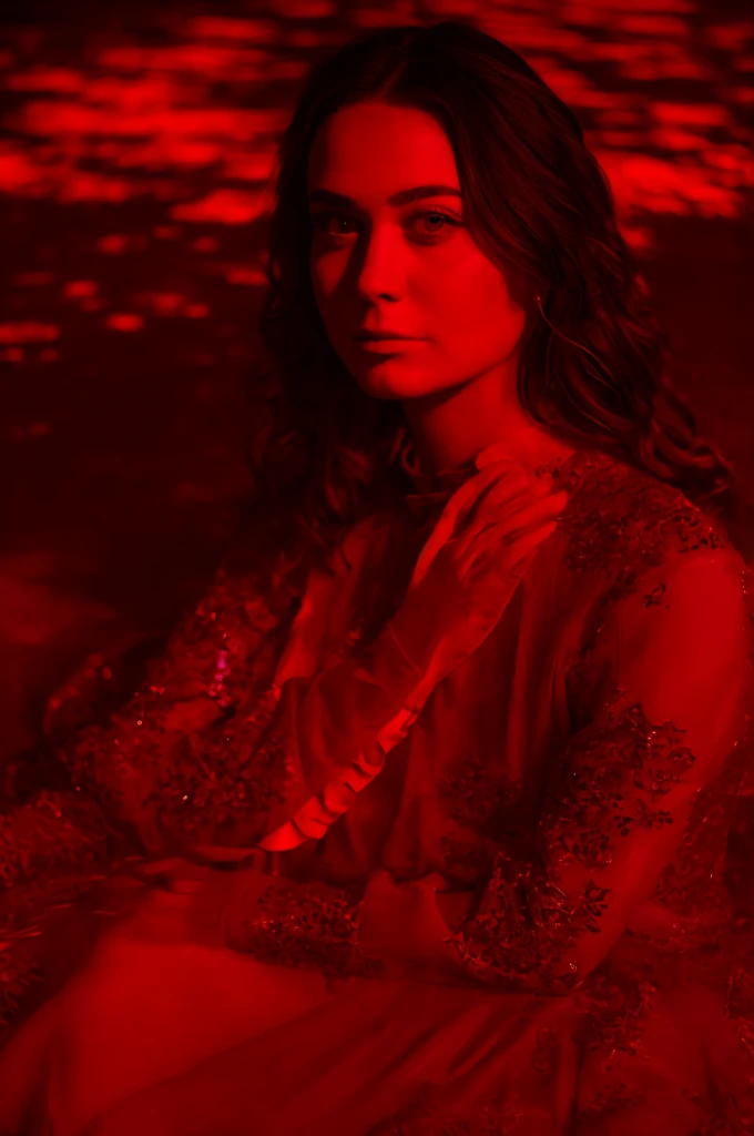 woman  20 years young, European,  longViolet dress,
 ([Jacqueline( :0)Bisset|sarah james|katy( :0)perry]:0.9) closeup
red light portrait, red theme, monochrome,  (City park and autumn leaves falling at background:0.8),
highres, high quality, high resolution, hd, 4k, masterpiece, realistic,