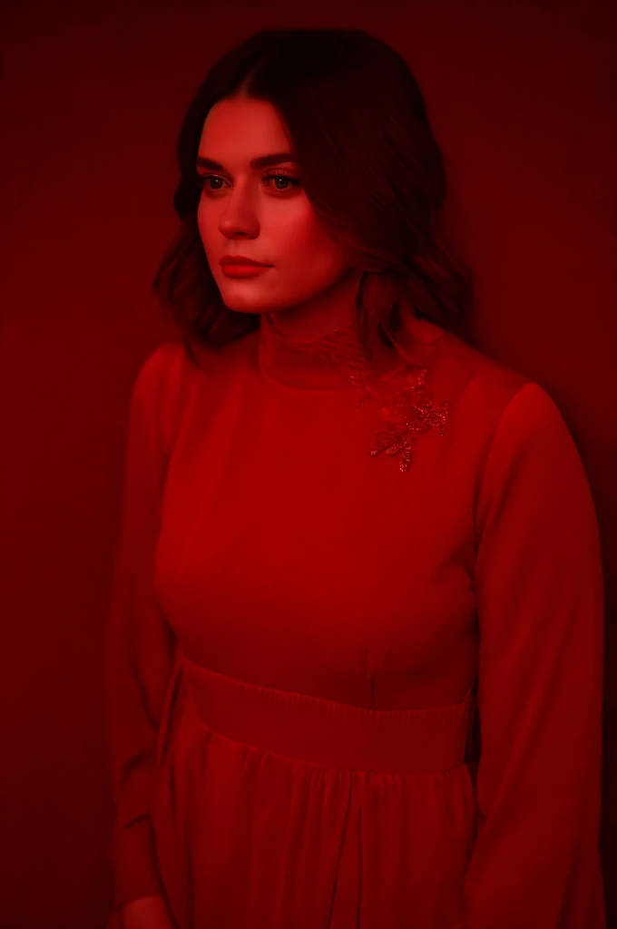 woman  20 years young, European,  longViolet dress,
 ([Jacqueline( :0)Bisset|sarah james|katy( :0)perry]:0.9) closeup
red light portrait, red theme, monochrome,  (City park and autumn leaves falling at background:0.8),
highres, high quality, high resolution, hd, 4k, masterpiece, realistic,
