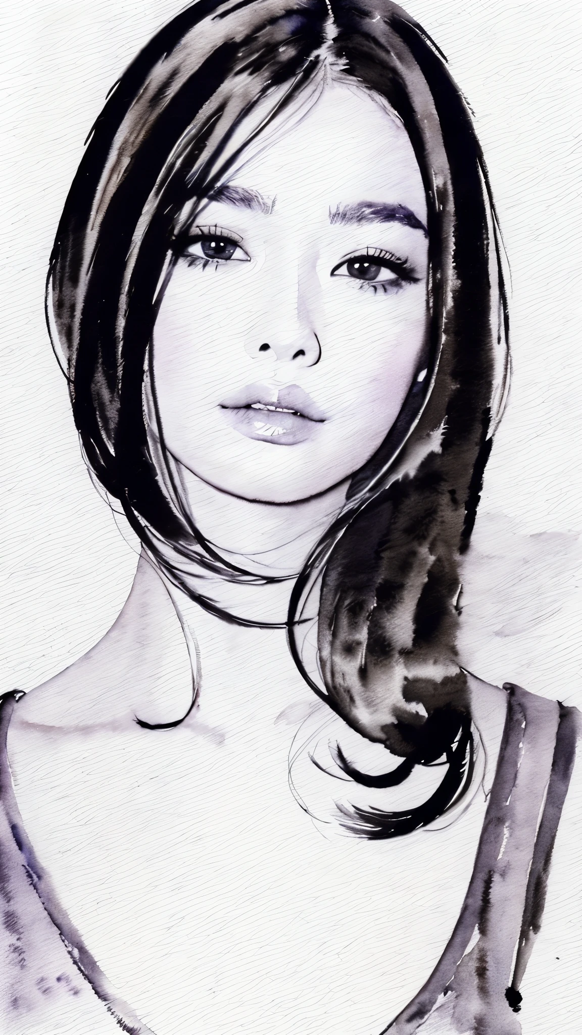 (masterpiece:1.2),(Highest quality),(Very detailed:,(High resolution),((Watercolor)),((Monochrome)),8K,Woman Drawing,Beautiful Japanese Woman,((Black Hair)),Short Bob,Close-up of face