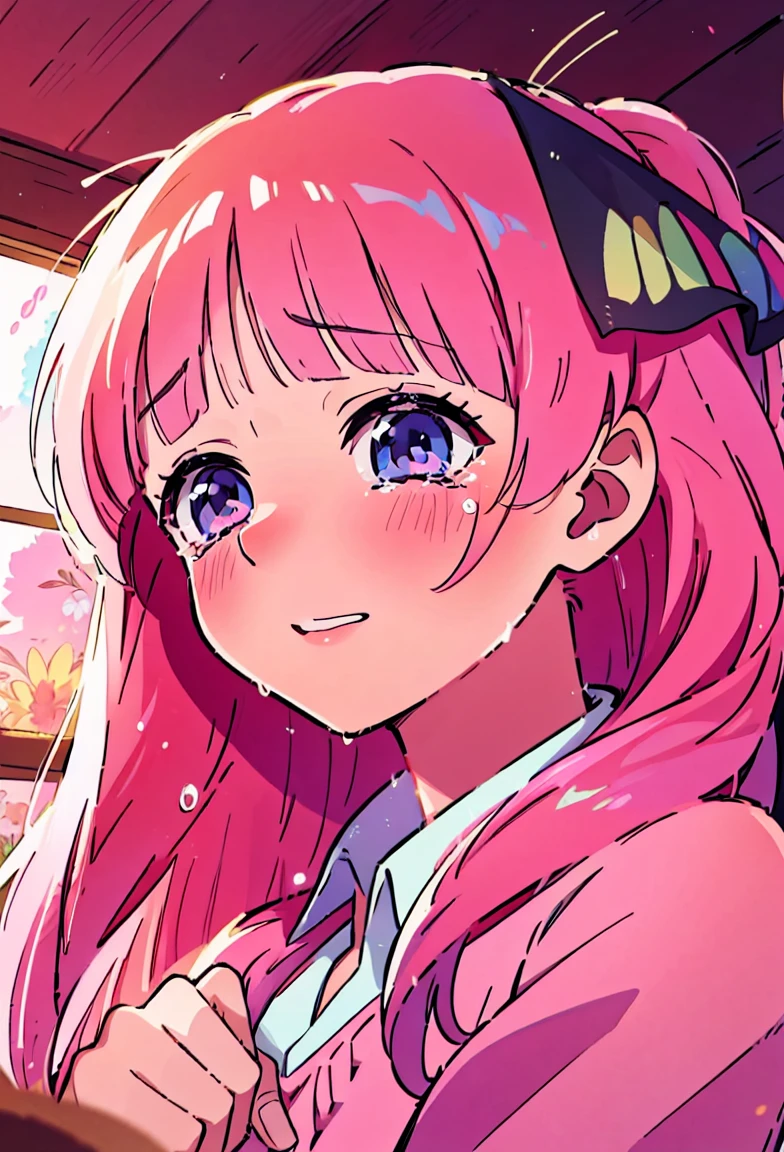 , Nino Nakano, long pink braided hair, hair ribbons,, 4k, extremely fine illustration, cowboy shot, tears, makeup ruined, sfw, crying, dynamic pose, interesting pose, expressive face,