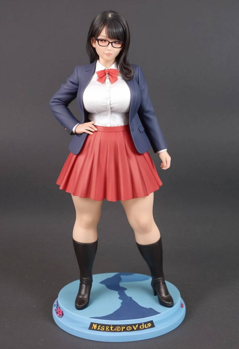 masterpiece, Highest quality, figure, Super detailed, In detail, High resolution, 8k wallpaper, Perfect dynamic composition, Beautiful attention to detail, Natural Lip, blazer, skirt, Big Breasts, whole body, Black Hair, Glasses, Japanese descent, Thick thighs, 