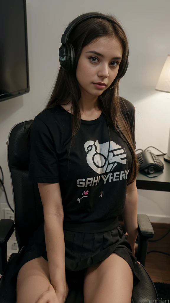 Woman, 23 year old, brazileiro, long light brown hair, lain, Scrawny, medium breasts, black gamer shirt open showing breasts, short black skirt, headset yes razer, in your room sitting on a gamer chair sexual positions, foto estilo onlyfans