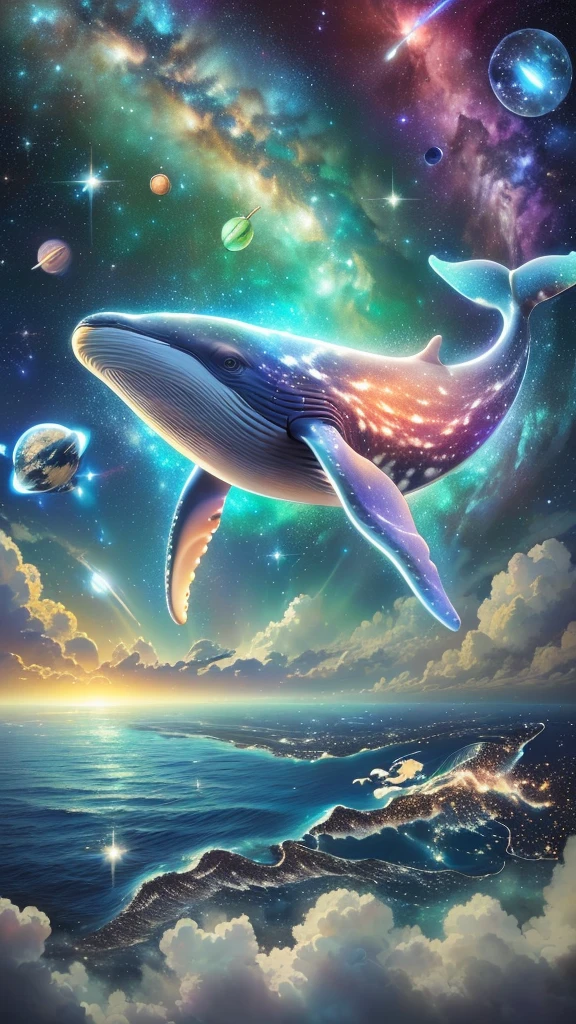 painting of a whale flying thRough the sky with planets in the backgRound, space magical whale, galaxy whale, space whale, glimmeRing whale, Amazing space creatures 4K, sky whales, flying whale, flying whales, Drifting in the ocean of space, cyboRg whale, Inspired by Cyril Rolland, Awesome Wallpapers, whale, subreddit / R / whale, Surreal Space