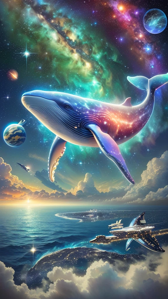 painting of a whale flying thRough the sky with planets in the backgRound, space magical whale, galaxy whale, space whale, glimmeRing whale, Amazing space creatures 4K, sky whales, flying whale, flying whales, Drifting in the ocean of space, cyboRg whale, Inspired by Cyril Rolland, Awesome Wallpapers, whale, subreddit / R / whale, Surreal Space