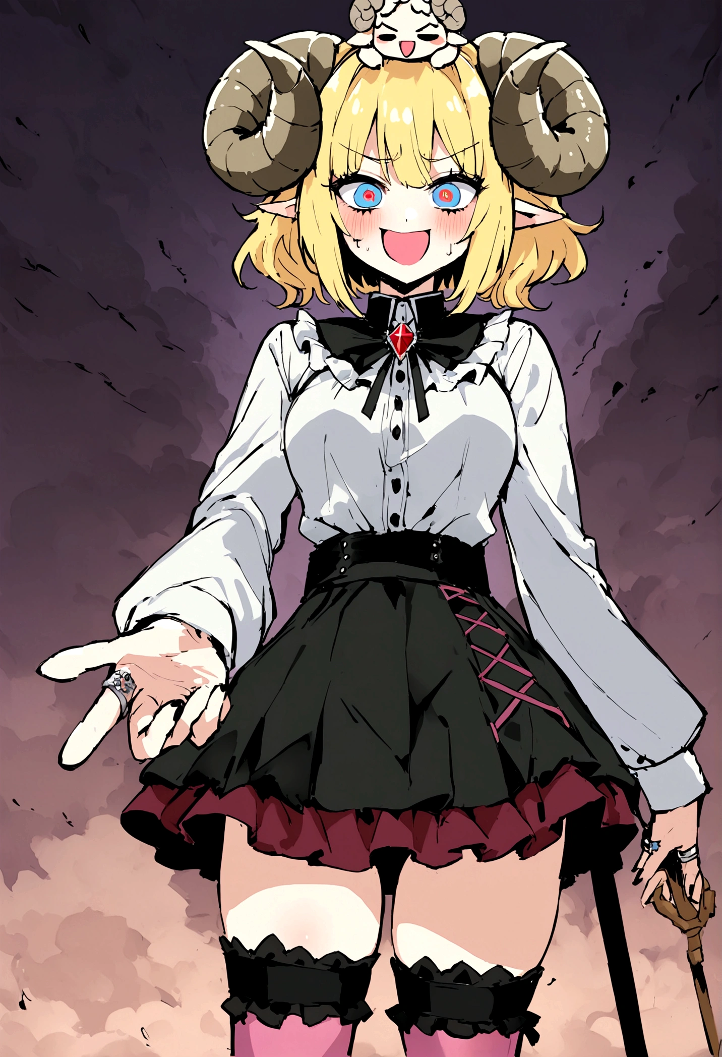 masterpiece, Highest quality, ((1 person)),Yellow Hair,Light blue eyes,Expression of agony,whole body,Manga style,Bob Hair,Landmine makeup,Eyes that feel,((Danmachi style),Sheep horns on the head,Red corners of the eyes,Thigh High,Jiraikei,skirt,ring,gem,桃色Thigh High,Pink mouth mask,shirt,cross,ピンクskirt,Frills,Gothic,ribbon,Gothic,Long sleeve,A big smile of scheming,ringみたいに迫ってくる,