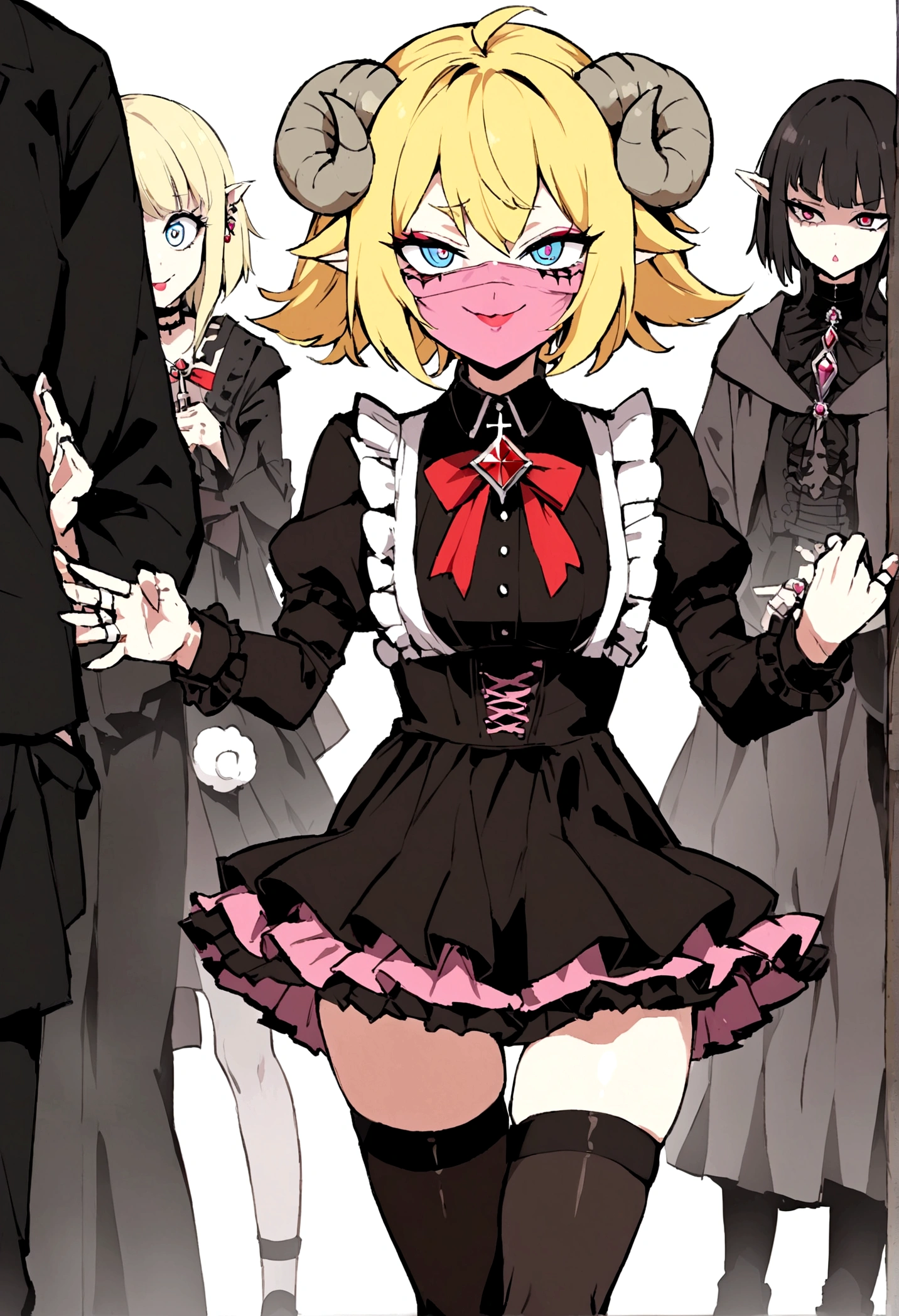 masterpiece, Highest quality, ((1 person)),Yellow Hair,Light blue eyes,Expression of agony,whole body,Manga style,Bob Hair,Landmine makeup,Eyes that feel,((Danmachi style),Sheep horns on the head,Red corners of the eyes,Thigh High,Jiraikei,skirt,ring,gem,桃色Thigh High,Pink mouth mask,shirt,cross,ピンクskirt,Frills,Gothic,ribbon,Gothic,Long sleeve,A big smile of scheming,ringみたいに迫ってくる,