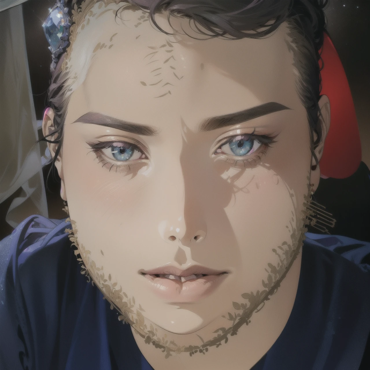 (masterpiece, top quality, best quality, official art, beautiful and aesthetic:1.2), (1girl:1.3), wavy long hair, light purple hair, extremely detailed, portrait, looking at viewer, solo, (full body:0.6), detailed background, close up, glowing eyes, (cold arctic winter theme:1.1), fortune teller, charlatan, smirk, mysterious, sitting at table, colorful shoulderless loose gypsy fortune teller clothes, chalice, tarot cards, crystal ball, medieval (tent interior:1.1) background, tent curtains in background, dark mysterious lighting, shadows, magical atmosphere, starry night,, dutch angle