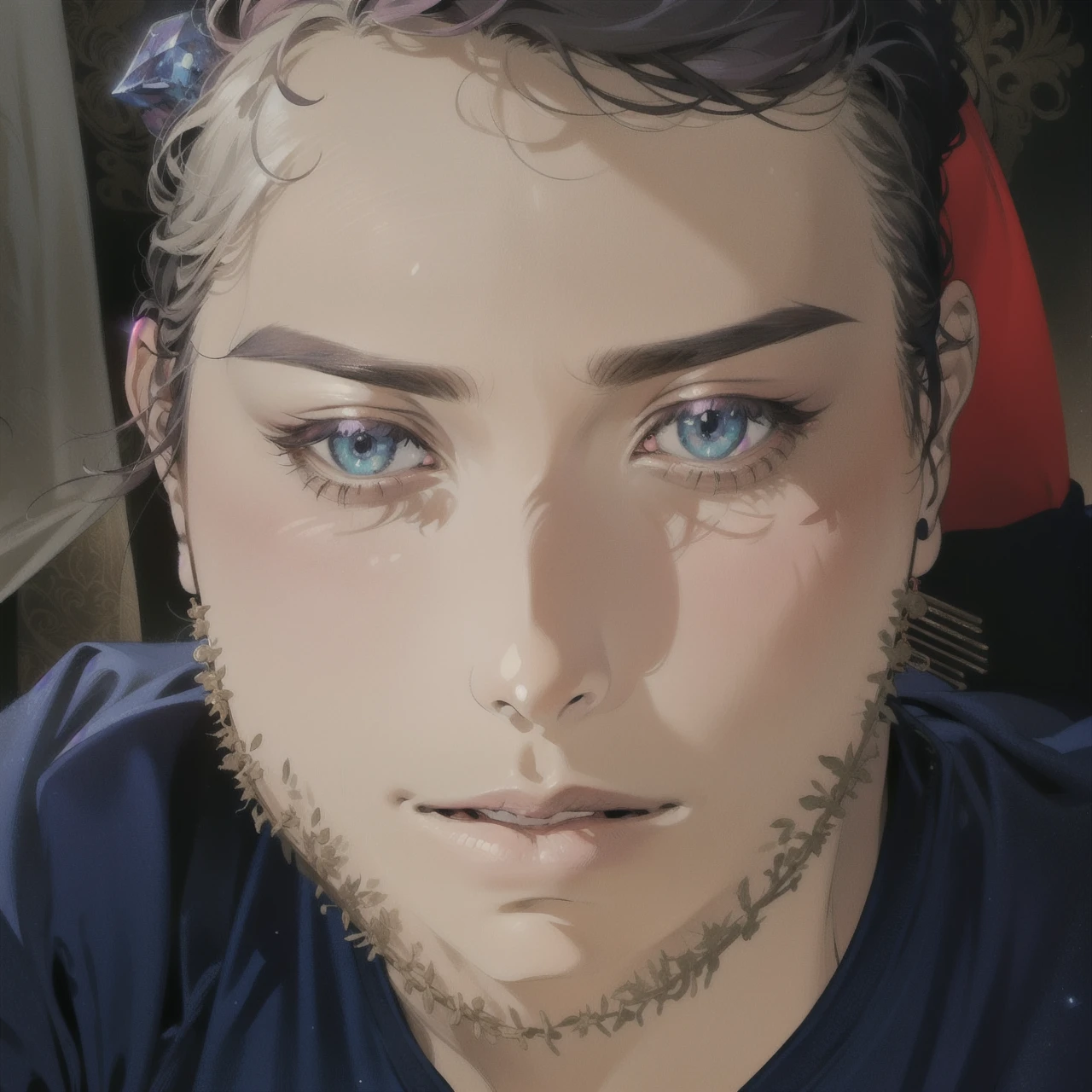 (masterpiece, top quality, best quality, official art, beautiful and aesthetic:1.2), (1girl:1.3), wavy long hair, light purple hair, extremely detailed, portrait, looking at viewer, solo, (full body:0.6), detailed background, close up, glowing eyes, (cold arctic winter theme:1.1), fortune teller, charlatan, smirk, mysterious, sitting at table, colorful shoulderless loose gypsy fortune teller clothes,      chalice,   tarot cards, crystal ball,  medieval (tent interior:1.1) background, tent curtains in background, dark mysterious lighting, shadows, magical atmosphere, starry night,, dutch angle