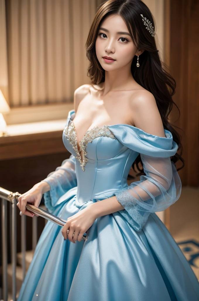 masterpiece, Best quality, Ultra-high resolution, High detail photos, Unity 8k wallpaper, Extremely detailed CG:1.2), Depth of Field, Bokeh, (original photo:1.Realistic Photography:1.4), (1 Girl:1.5), young, Physically based representation, beautiful, (Exquisite facial details:1.4, detailed服装), (detailed:1.4) christen (Hidemi Fukada:1.1) rest Cara hermosa, Depth of Field, Add layers, Surreal, 27 years old, Perfect body model, Perfect breasts, Height 175 cm, Strike sexy poses, whole body, whole body, Model body type, rest (Cinderella Ball Dress:1.3), (Long hair:1.2), doble parpado rest dancing on a ladder