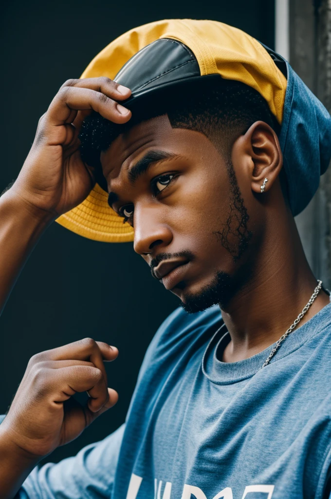 A boy thinking about rap in his head 
